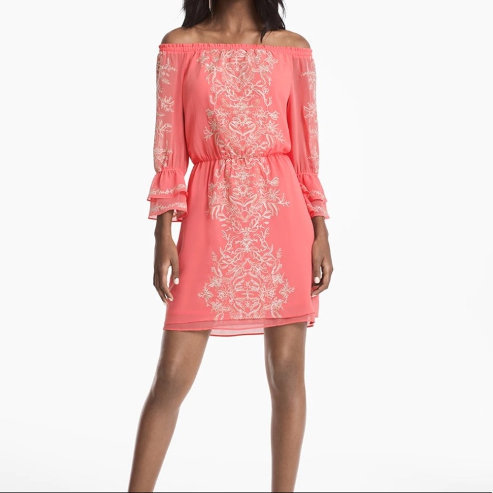 White House Black Market Off The Shoulder Embroidered Boho Dress Pink Small